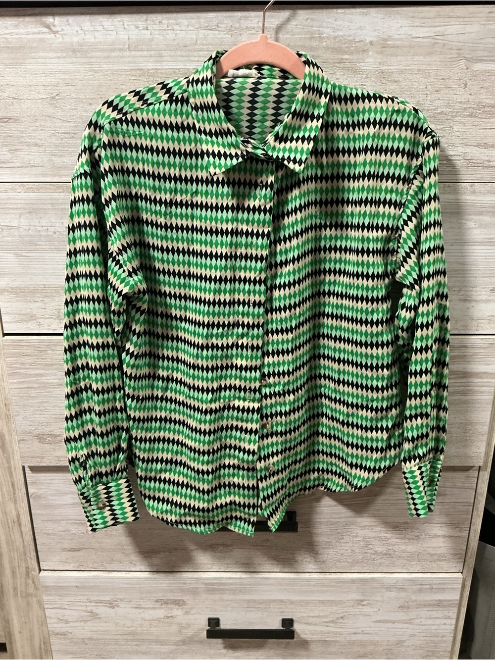 Women's Set- Green Geometric Button-Down Shirt and Shorts